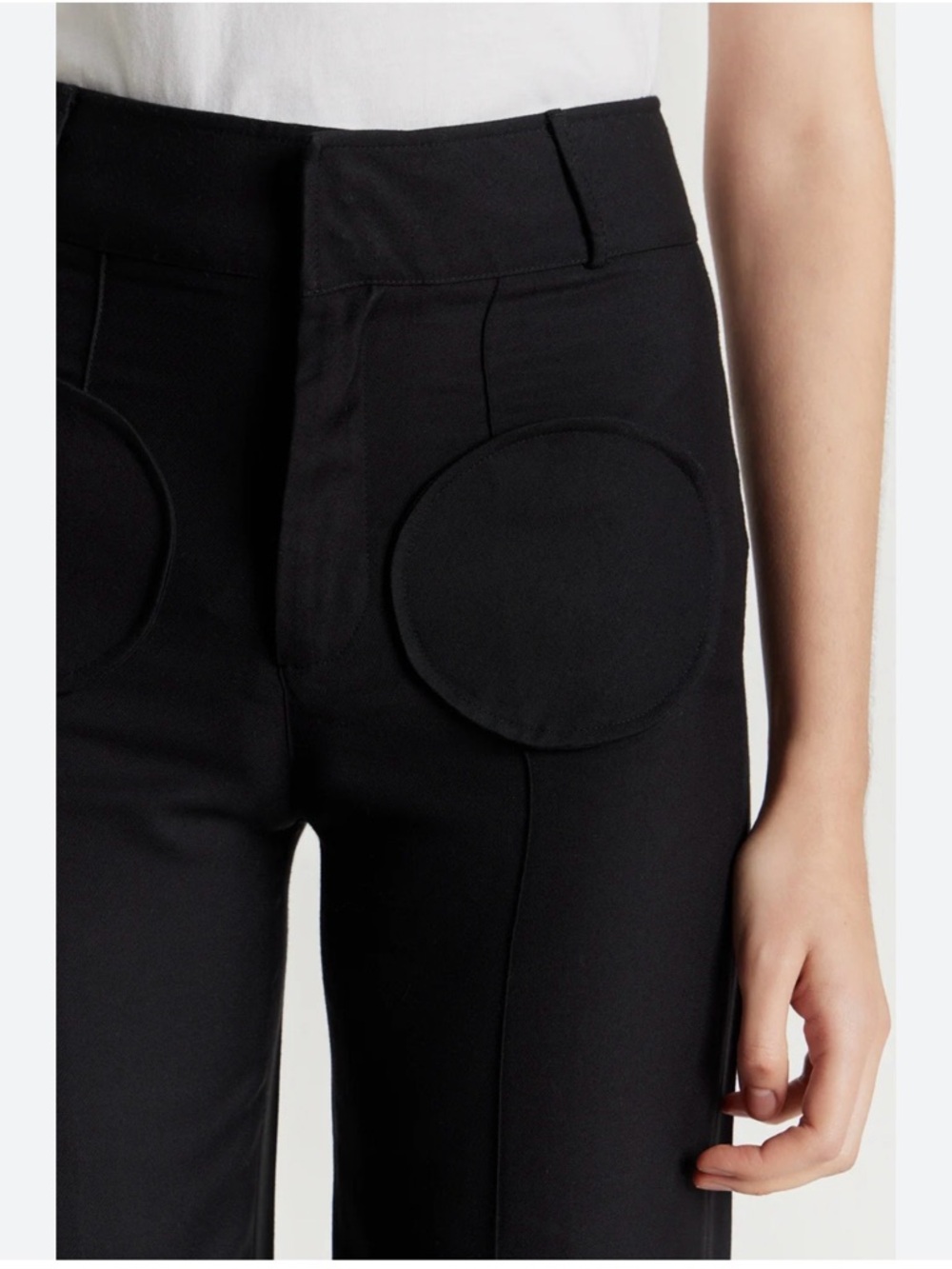 Destree Black Straight Pants Circular Pocket Detail Size 38 Designer High Waist — image 7 of 8